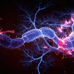 3D rendered image of a neuron cell network on a black background, signifying demyelination that takes place in multiple sclerosis.
