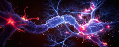 3D rendered image of a neuron cell network on a black background, signifying demyelination that takes place in multiple sclerosis.