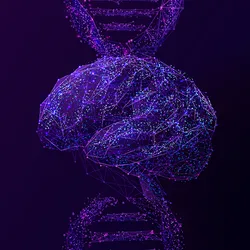 Purple 3D wireframe illustration of a brain in front of a vertical strand of DNA on a black background. 