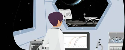 Illustration of a scientist with short dark hair standing in a research lab in front of a screen showing gene expression data looking out of a window to see the surface of the Moon with Earth in the background. There is a microscope and centrifuge beside the researcher’s computer. Out the window, another lunar base is a lunar rover is visible. Outer space, with bright dots of stars, are seen behind Earth. 