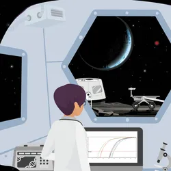 Illustration of a scientist with short dark hair standing in a research lab in front of a screen showing gene expression data looking out of a window to see the surface of the Moon with Earth in the background. There is a microscope and centrifuge beside the researcher’s computer. Out the window, another lunar base is a lunar rover is visible. Outer space, with bright dots of stars, are seen behind Earth. 