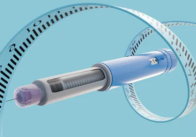 Measuring tape circulates around a GLP-1 drug injector pen, representing the drug’s dramatic effects on weight loss. 