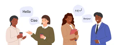 Two rows of people are shown saying hello in a variety of different languages.