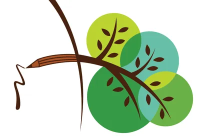 Illustration showing a simplified, cartoon tree with green circles for leaves. The brown branch turns into a brown pencil at a dark line. The pencil creates a small squiggle representing writing.