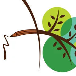 Illustration showing a simplified, cartoon tree with green circles for leaves. The brown branch turns into a brown pencil at a dark line. The pencil creates a small squiggle representing writing.
