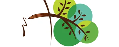 Illustration showing a simplified, cartoon tree with green circles for leaves. The brown branch turns into a brown pencil at a dark line. The pencil creates a small squiggle representing writing.
