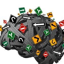 Illustration of a brain comprised of roadways with several different traffic signs sticking out around it to conceptualize the role of dopamine signaling in motivation and behavior. 