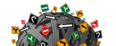 Illustration of a brain comprised of roadways with several different traffic signs sticking out around it to conceptualize the role of dopamine signaling in motivation and behavior. 