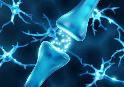 Image of a synaptic junction with blue neurons in the background.