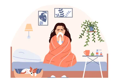 A vector drawing shows a girl wrapped up in an orange blanket sitting on her bed while blowing her nose because she’s sick. Social isolation during sickness helps a person recover faster and prevent spreading the infection.