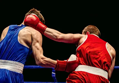 Image of two boxers fighting in a ring. The left fighter is clad in blue and lands a hit on the torso of his opponent, who is clad in red and lands a hit on the head.