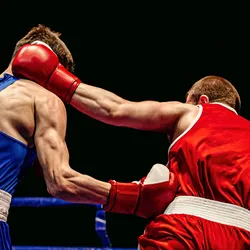 Image of two boxers fighting in a ring. The left fighter is clad in blue and lands a hit on the torso of his opponent, who is clad in red and lands a hit on the head.