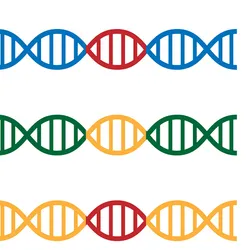 Illustration of four strands of DNA—black, blue, green, and yellow—with a different colored segment in the middle of each (red, red, yellow, and red), to represent transposable elements. 