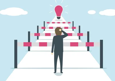 Illustration of a person standing in front of hurdles ahead of a bulb, signifying funding disruptions challenging drug discovery and development.