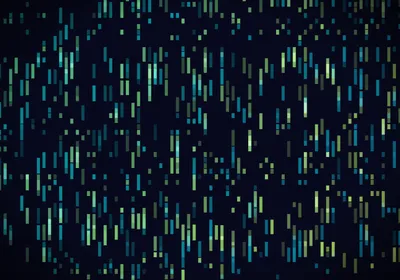 An abstract representation of a gene map comprised of alternating green and blue rectangles of varying shapes on a black background.
