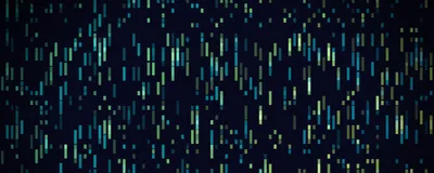 An abstract representation of a gene map comprised of alternating green and blue rectangles of varying shapes on a black background.