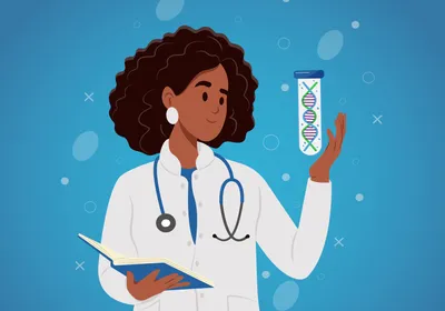 A cartoon showing a laboratory technician examining human DNA.