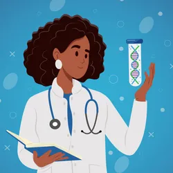 A cartoon showing a laboratory technician examining human DNA.