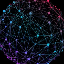 Abstract wireframe sphere with colorful dots and connecting lines representing the complex cellular and molecular interactions within the tumor microenvironment.