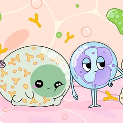 Image of four cartoon immune cells, with two bright-eyed characters and two more sarcastic looking characters. Image of four cartoon immune cells, with two bright-eyed characters and two more sarcastic looking characters.
