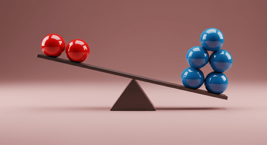 AI-generated graphic of a balance with five blue balls, representing anti-inflammatory Treg cells, and two red balls, representing pro-inflammatory cells. The balance is tipped toward the blue balls. AI-generated graphic of a balance with five blue balls, representing anti-inflammatory Treg cells, and two red balls, representing pro-inflammatory cells. The balance is tipped toward the blue balls.