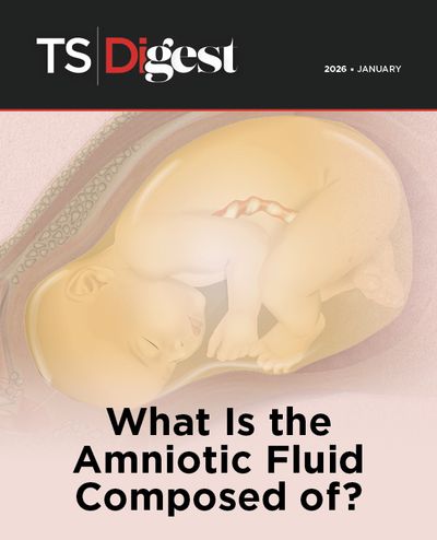 Illustration of a developing fetus surrounded by a clear fluid with a subtle yellow tinge, representing amniotic fluid.