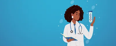 A cartoon showing a laboratory technician examining human DNA.