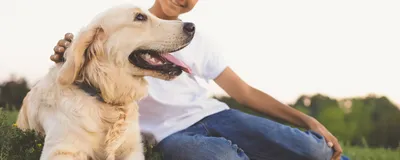 Image of a golden retriever dog with a young teenager sitting on grass.