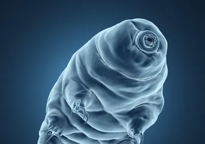 A three-dimensional (3D) image of a tardigrade swimming in water, showcasing its detailed structural features.