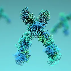 3D visualization of blue and green DNA strands, highlighting the complex helical structure of genetic material.