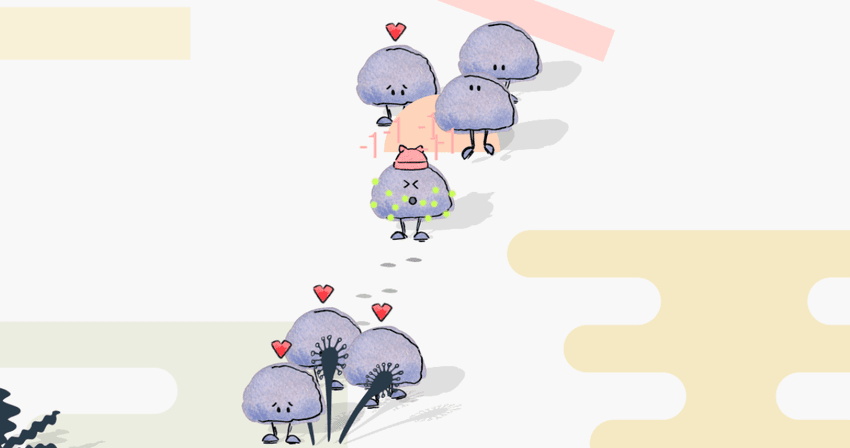 Image of small blue creatures called Nergals. Some have hearts above their heads, which signify friendship. There is one Nergal who is sneezing and losing health, which is denoted by minus one signs floating around it.