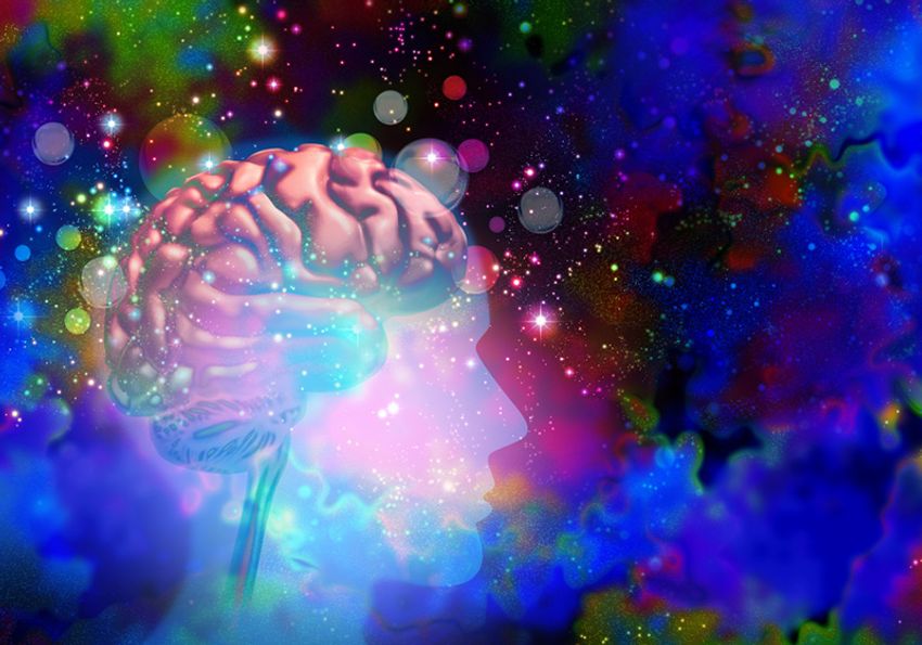 A colorful representation of a psychedelic hallucination is shown as space and colors. A human profile and brain are shown in the foreground. A colorful representation of a psychedelic hallucination is shown as space and colors. A human profile and brain are shown in the foreground.