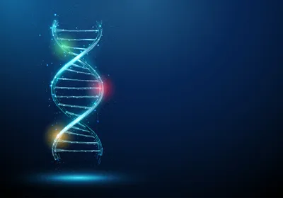 A DNA helix is shown on a blue background with epigenetic modifications shown on the DNA in pink, green, and yellow.