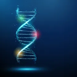 A DNA helix is shown on a blue background with epigenetic modifications shown on the DNA in pink, green, and yellow.