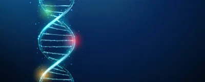 A DNA helix is shown on a blue background with epigenetic modifications shown on the DNA in pink, green, and yellow.