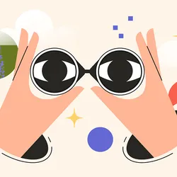 Image of two hands holding binoculars. Within the binoculars, there are two eyes peering out.