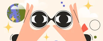 Image of two hands holding binoculars. Within the binoculars, there are two eyes peering out.