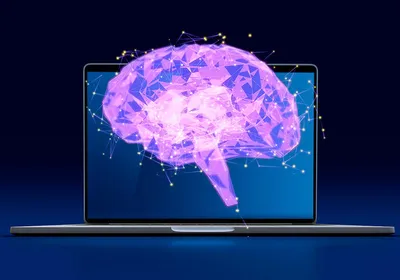 A graphic of a purple glowing brain with a laptop, representing AI drug discovery for neurodegenerative disease. A graphic of a purple glowing brain with a laptop, representing AI drug discovery for neurodegenerative disease.