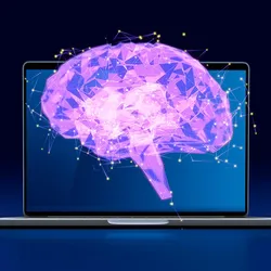 A graphic of a purple glowing brain with a laptop, representing AI drug discovery for neurodegenerative disease.