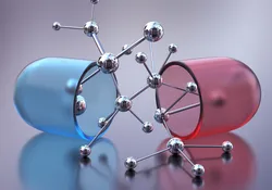 Open capsule or pill with molecular structure. 