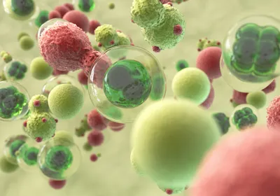 3D illustration of green and red stem cells floating on a green background.