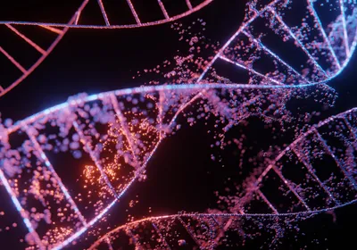 DNA strands in pink and orange are shown over a black background. DNA strands in pink and orange are shown over a black background.
