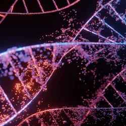 DNA strands in pink and orange are shown over a black background.