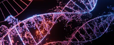 DNA strands in pink and orange are shown over a black background.