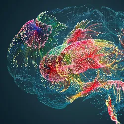 Image of a brain comprised of colored dots to signify brain activity and denote brain areas.