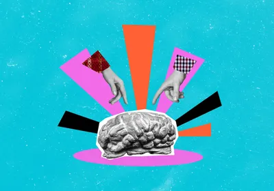 Hands point toward a brain on a bright blue background with accents of orange and pink.