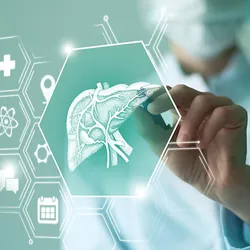 Image of a clinician in the background interacting with a graphic of the liver and other medicine-related icons