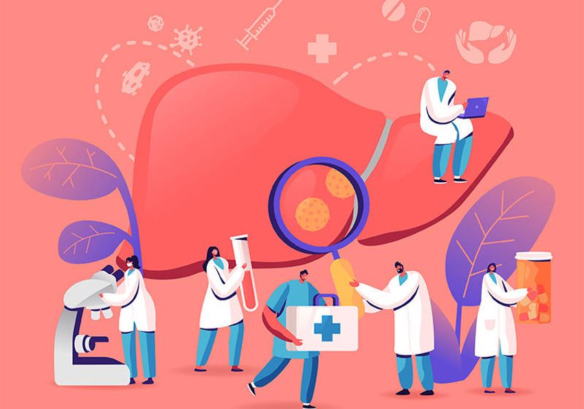 Cartoon graphic of researchers and clinicians studying the liver, including a microscope, blood sample, medicines, and liver cell analysis