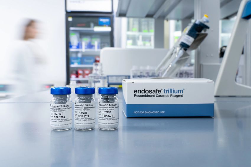 A photo of three vials of Endosafe® Trillium™ recombinant cascade reagent sitting on a laboratory bench.