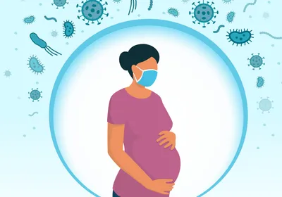 Pregnant woman wearing a face mask and protecting herself from infection, prevention and immunity concept, signifying that maternal health in mice affected neurodevelopment in fetuses.